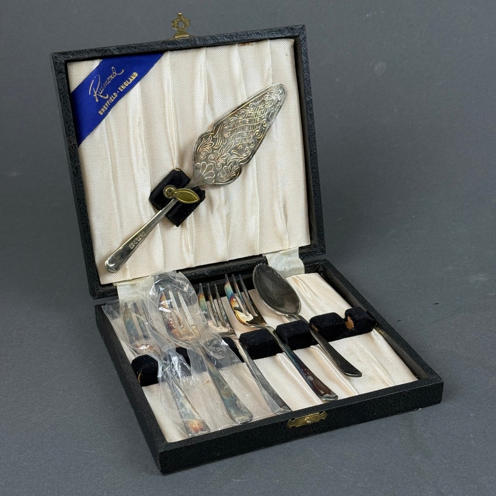 Vintage‎ Raimond Sheffield England Silver Plate Dessert Set Cake Server Boxed